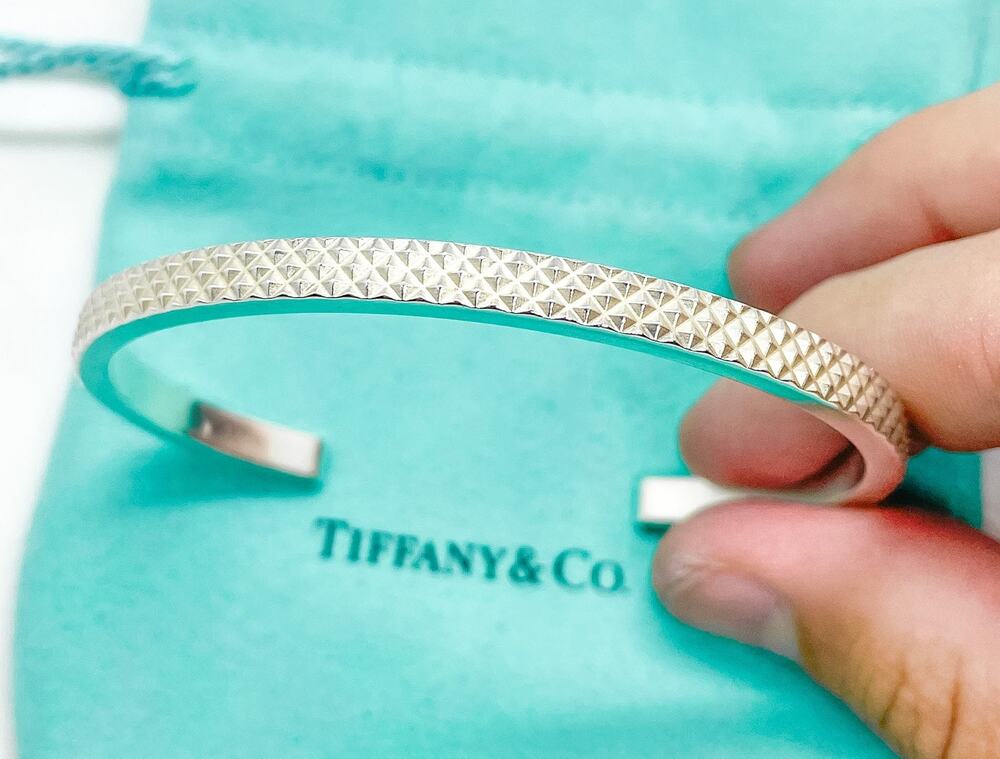 Tiffany & Co. Sterling Silver Diamond Point Studs Men's Cuff Bracelet 6.75"